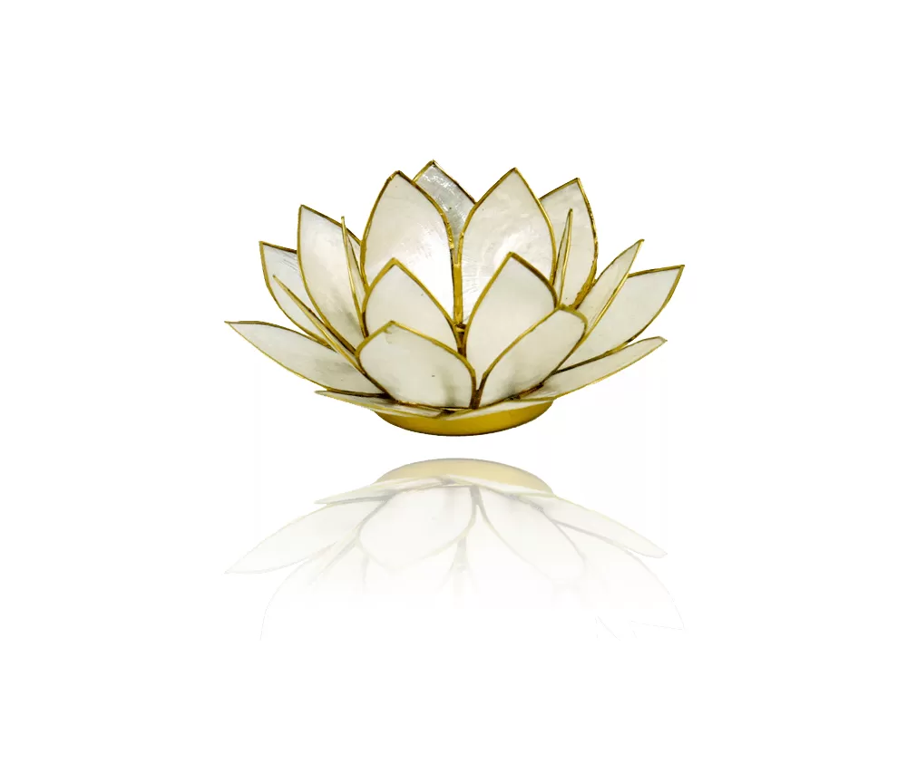 Teelichthalter - Capiz Muschel - Lotus Licht - Weiß mit Gold - ca. 13,5x5,5 cm