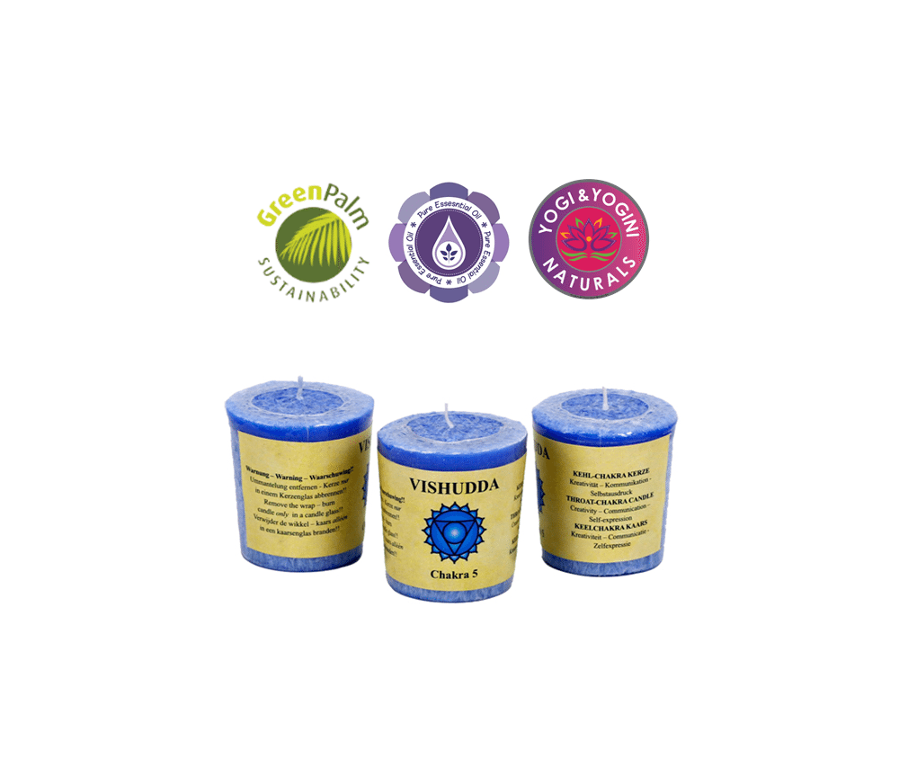 Kerze - Votiv - Chakra - 5tes - Vishudda - mit Duft - Hellblau- Palmkernwachs - ca. 14 Std. - ca. 4,5x4 cm
