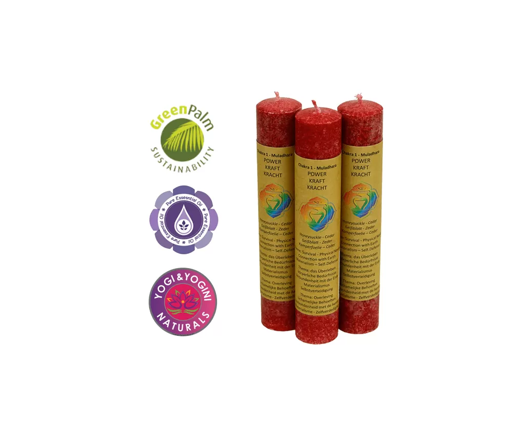 Kerze - Stabkerze dick - Chakra - 1tes - Muladhara - mit Duft - rot - Palmkernwachs - ca. 12 Std. Std.