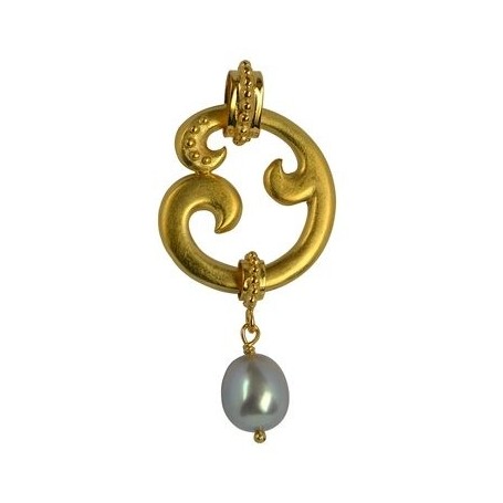 Anhänger - Paisley-, Silber vergoldet, Perle (grau), 5cm