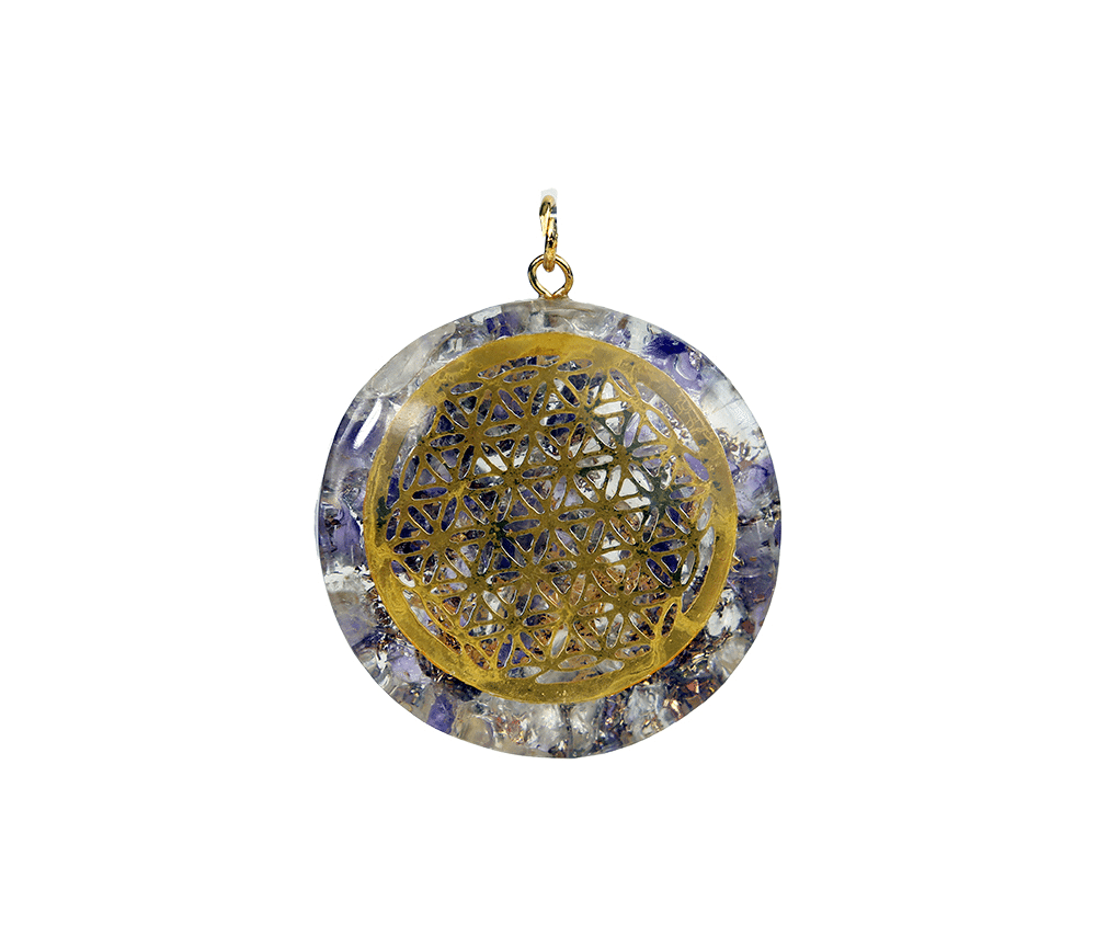 Anhänger - Orgonit - Rund - Blume des Lebens - Gold - Amethyst & Bergkristall - ca. 4cm