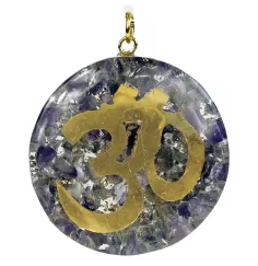 Anhänger - Orgonit - Rund - OHM Zeichen - Gold - Amethyst - ca. 4cm