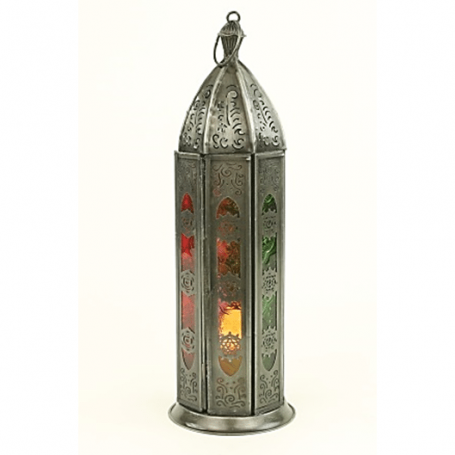 Teelichthalter - Windlicht - Orientalisch - 7 Chakren - Silber - Eisen & buntes Glas - ca. 8,5x30cm