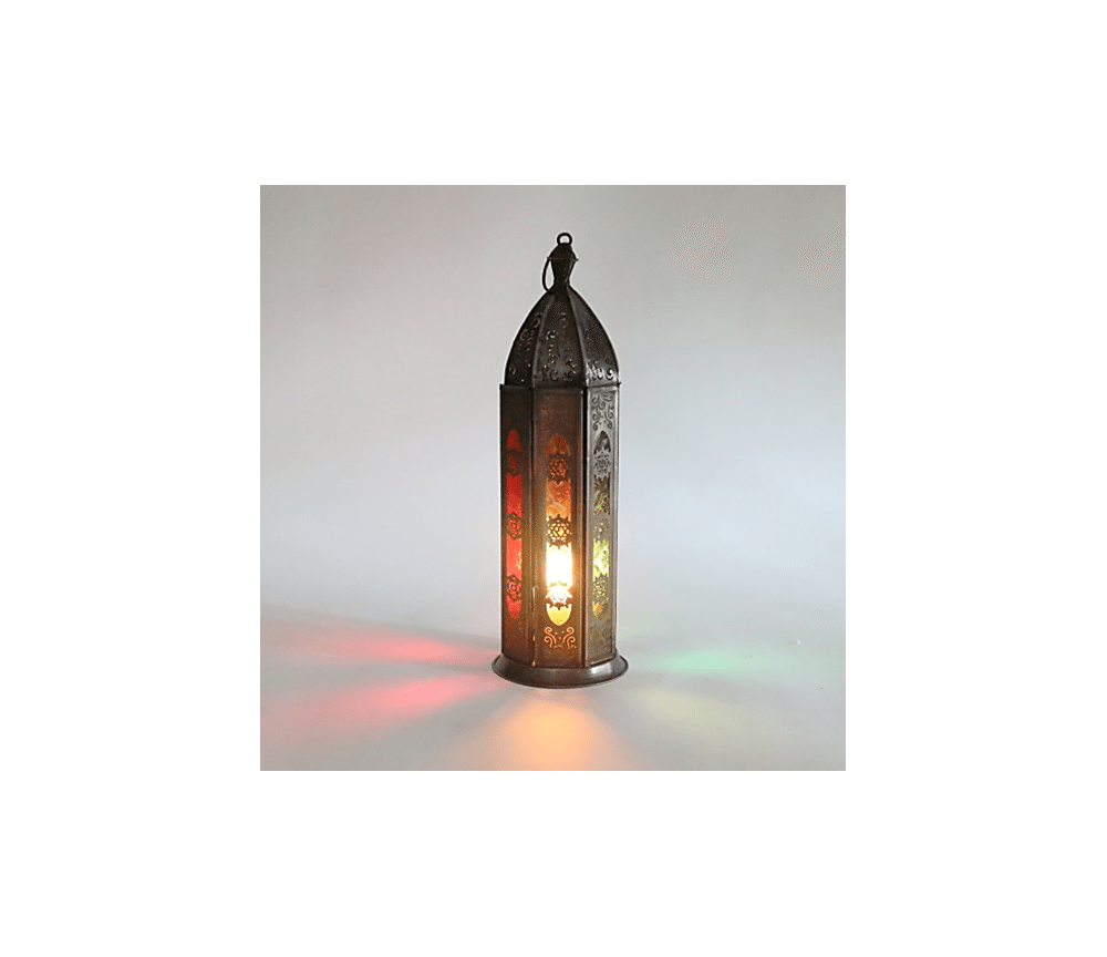 Teelichthalter - Windlicht - Orientalisch - 7 Chakren - Silber - Eisen & buntes Glas - ca. 8,5x30cm