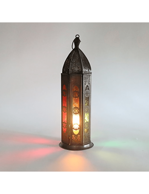 Teelichthalter - Windlicht - Orientalisch - 7 Chakren - Silber - Eisen & buntes Glas - ca. 8,5x30cm