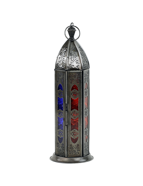 Teelichthalter - Windlicht - Orientalisch - 7 Chakren - Silber - Eisen & buntes Glas - ca. 8,5x30cm