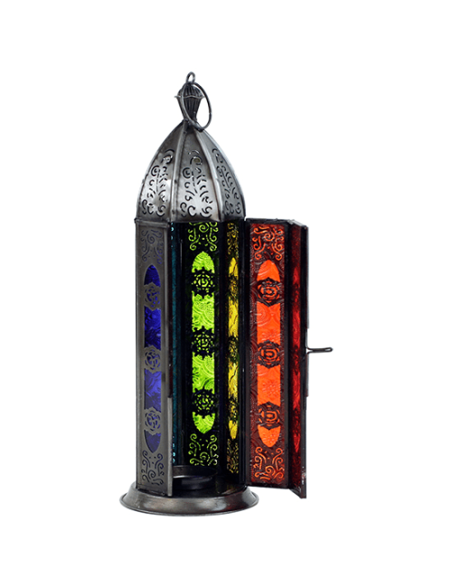 Teelichthalter - Windlicht - Orientalisch - 7 Chakren - Silber - Eisen & buntes Glas - ca. 8,5x30cm