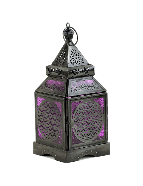 Teelichthalter - Windlicht - Orientalisch - Blume des Lebens - Silber - Eisen & buntes Glas - ca. 8,5x30cm