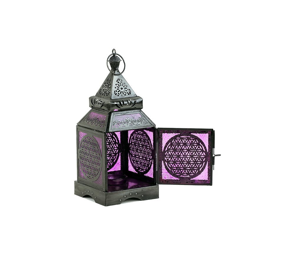 Teelichthalter - Windlicht - Orientalisch - Blume des Lebens - Silber - Eisen & buntes Glas - ca. 8,5x30cm