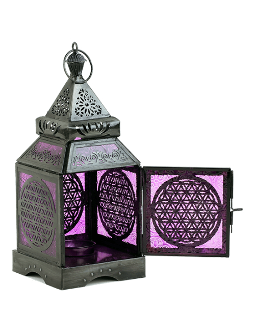 Teelichthalter - Windlicht - Orientalisch - Blume des Lebens - Silber - Eisen & buntes Glas - ca. 8,5x30cm