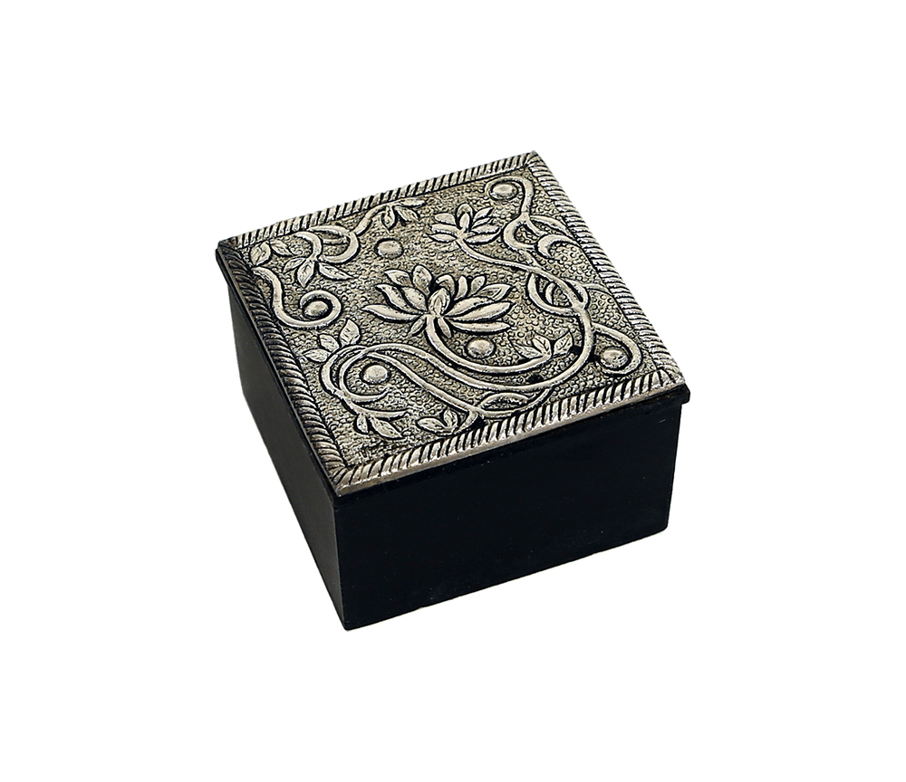 Schmuckkästchen - Aufbewahrungskästchen - Lotus - Quadratisch - Holz & Aluminium -Silber - ca. 6x6x4 cm