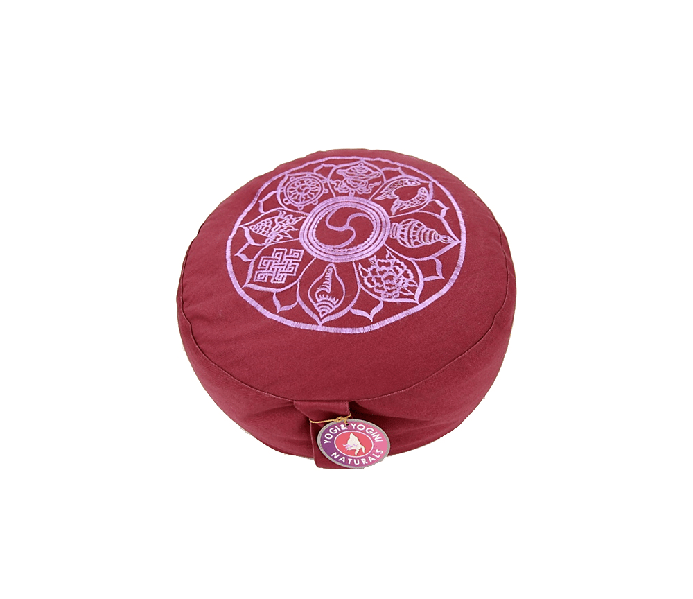 Yogi & Yogini - Kissen - Meditationskissen - Rund - 8 Glücks Symbole - Baumwolle - Hellaubergine - ca. 33x13 cm