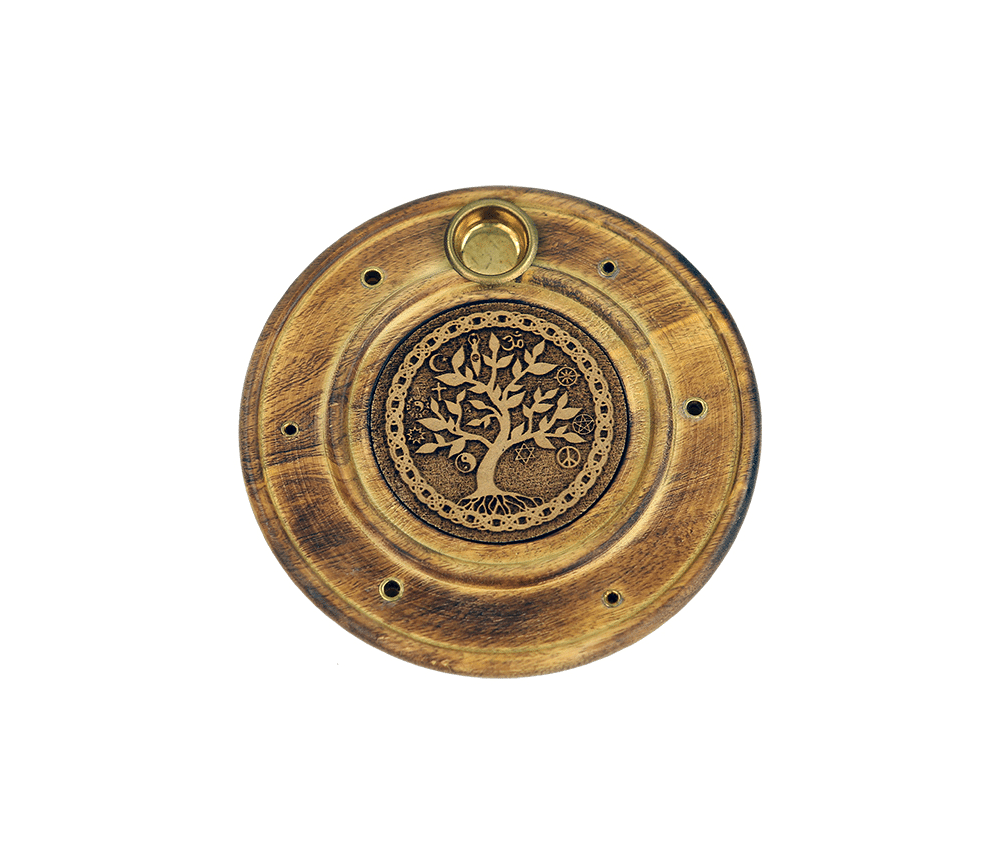 Räucherstäbchen - & Weihrauchkegel Halter - Baum des Lebens - Holz- Gold - Rund - ca. 10cm