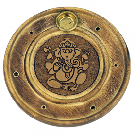 Räucherstäbchen - & Weihrauchkegel Halter - Ganesha - Holz- Gold - Rund - ca. 10cm