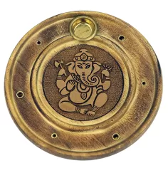 Räucherstäbchen - & Weihrauchkegel Halter - Ganesha - Holz- Gold - Rund - ca. 10cm