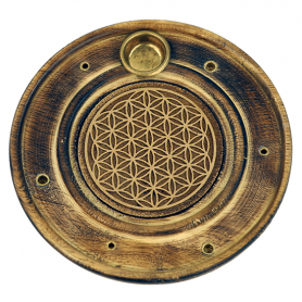 Räucherstäbchen - & Weihrauchkegel Halter - Blume des Lebens - Holz- Gold - Rund - ca. 10cm