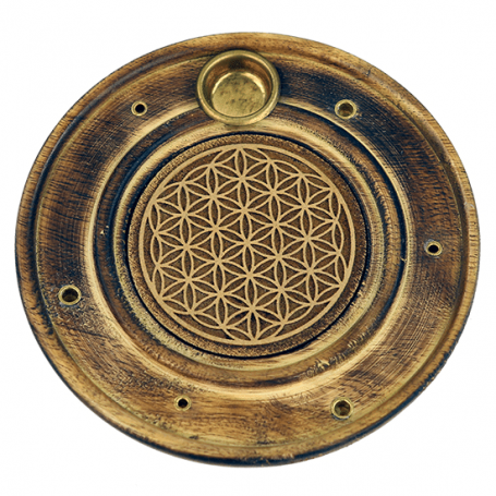Räucherstäbchen - & Weihrauchkegel Halter - Blume des Lebens - Holz- Gold - Rund - ca. 10cm