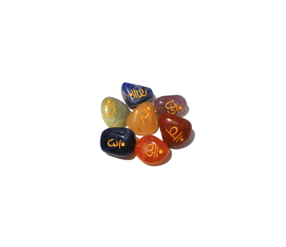 Edelstein / Heilstein - Set aus 7 Chakra Steinen mit goldenen Sanskrit Zeichen - ca. 2,5cm