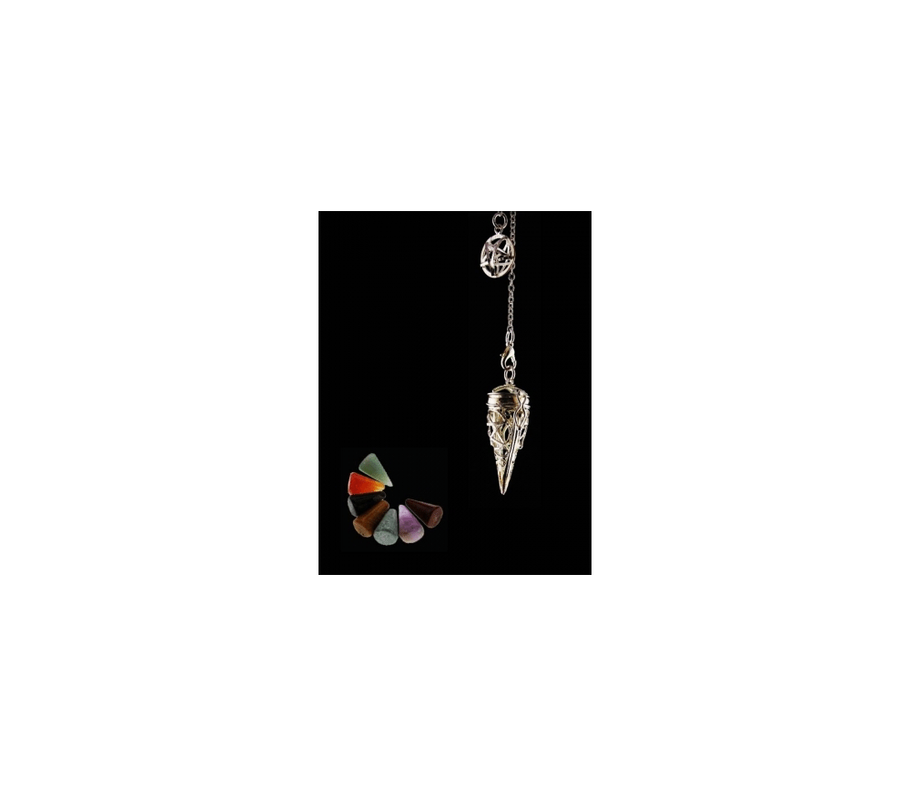 Pendel - Pentagramm - Set mit 7 Chakra Edelstein Spitzen - Silber - ca. 3,5x1,7cm