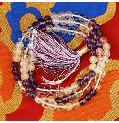 Mala - Edelstein - Bergkristall, Amethyst & Rosenquarz - mit Quaste - 108 Perlen - 8mm - ca. 34,5cm