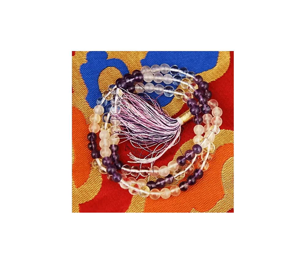 Mala - Edelstein - Bergkristall, Amethyst & Rosenquarz - mit Quaste - 108 Perlen - 8mm - ca. 34,5cm