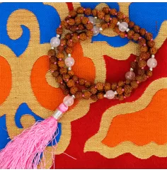 Mala - Rudraksha und Rosenquarz - mit violetter Quaste - 108 Perlen - ca. 40cm