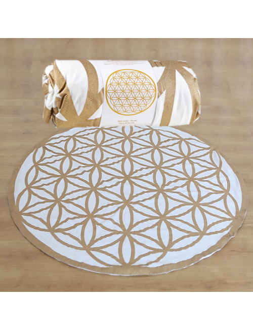 Decke - Blume des Lebens - für Strand, Picknick & Freizeit - Baumwolle - Weiß/Gold -Rund - ca. 150 cm