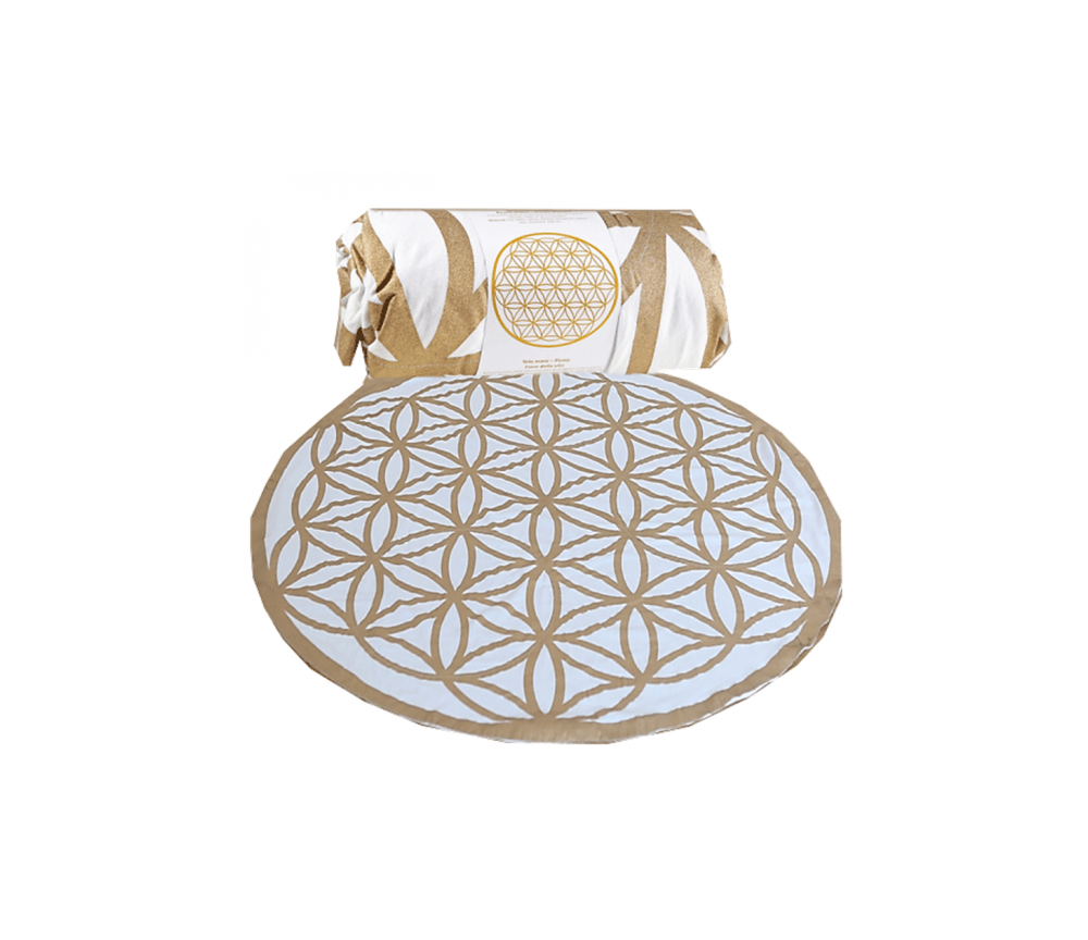 Decke - Blume des Lebens - für Strand, Picknick & Freizeit - Baumwolle - Weiß/Gold -Rund - ca. 150 cm