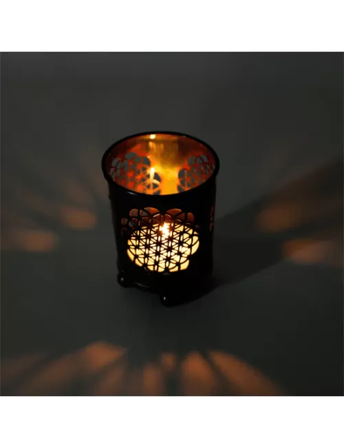 Teelichthalter - Blume des Lebens - mit Glas innen - Schwarz/Bronze - ca. 6x5 cm - 4er Set