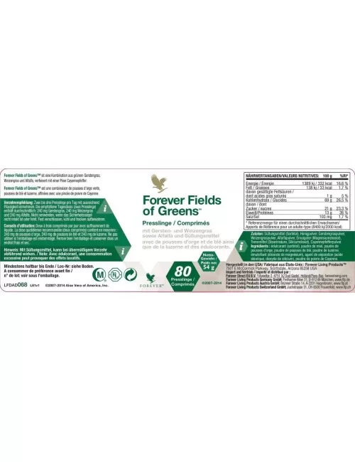 Forever - Forever Fields of Greens® -Nahrungsergänzungsmittel mit grünem Gerstengras, Weizengras und Alfalfa - 80 Presslinge