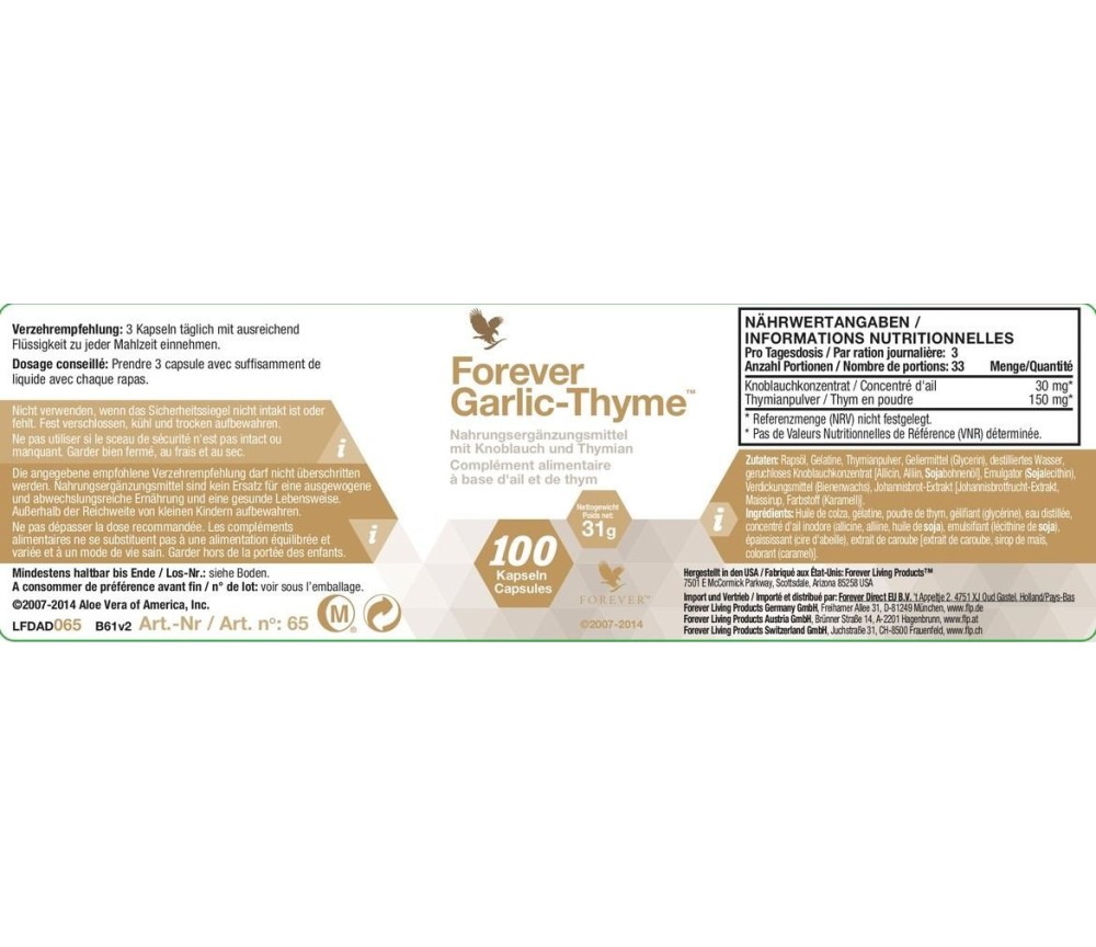 Forever - Forever Garlic-Thyme® - Nahrungsergänzungsmittel - geruchloses Knoblauchkonzentrat - 100 Kapseln