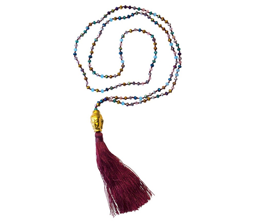 Mala - Buddha- bunt/weinrot mit 108 Glasperlen 58cm