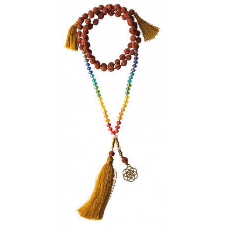 Mala "Chakra Saat des Lebens" Rudraksha/Glassperlen mit Messinganhänger 52cm