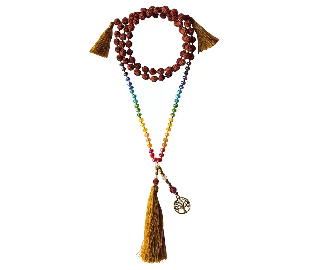 Mala - Chakra - Baum des Lebens- Rudraksha/Glassperlen mit Messinganhänger 52cm