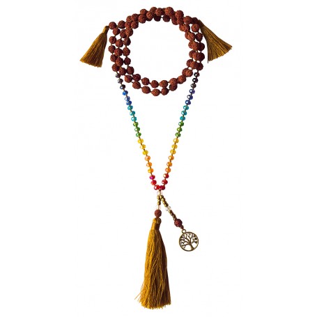 Mala "Chakra Baum des Lebens" Rudraksha/Glassperlen mit Messinganhänger 52cm