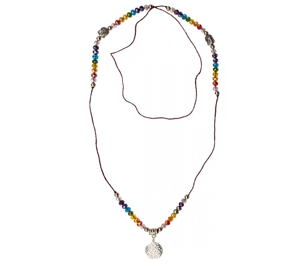 Mala - Buddha - Blume des Lebens Rainbow- Kristallglasperlen/Messing versilbert 48cm