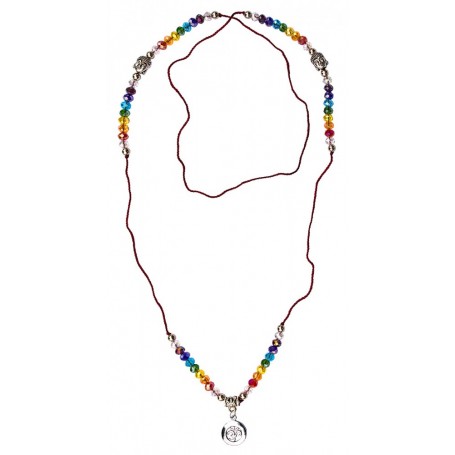 Buddha Mala "Om Rainbow" Kristallglasperlen/Messing versilbert 48cm