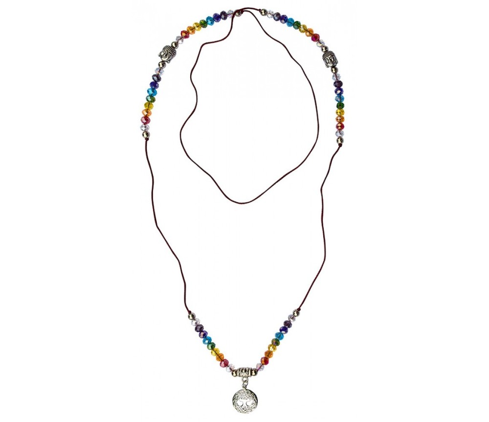 Mala - Buddha - Baum des Lebens Rainbow- Kristallglasperlen/Messing versilbert 48cm