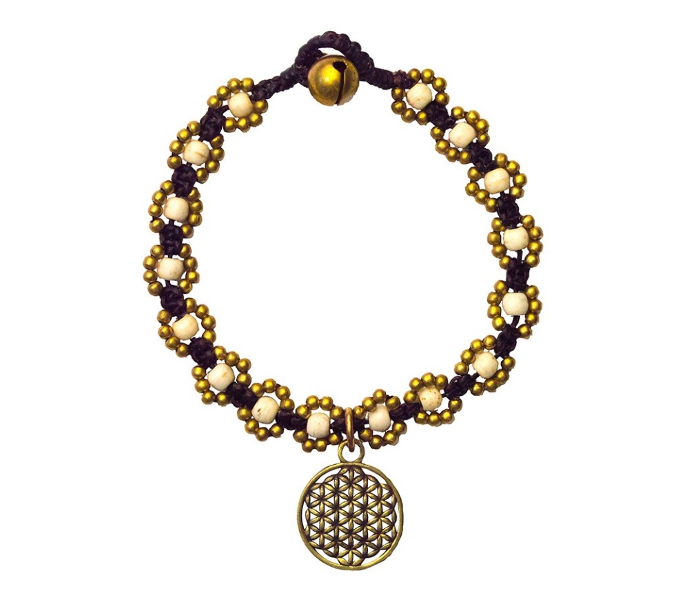 Armband - Flower mit Blume des Lebens- weiß, Messing Perlen, 20cm