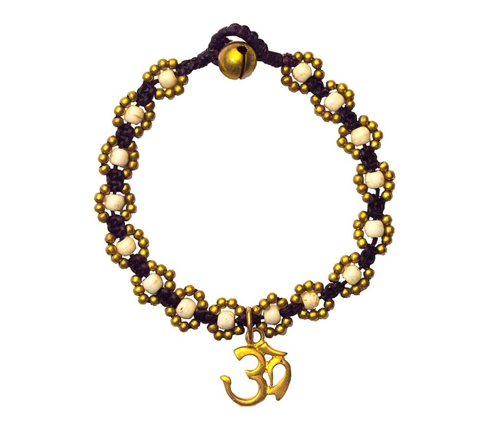 Armband - Flower mit Om- weiß, Messing Perlen, 20cm