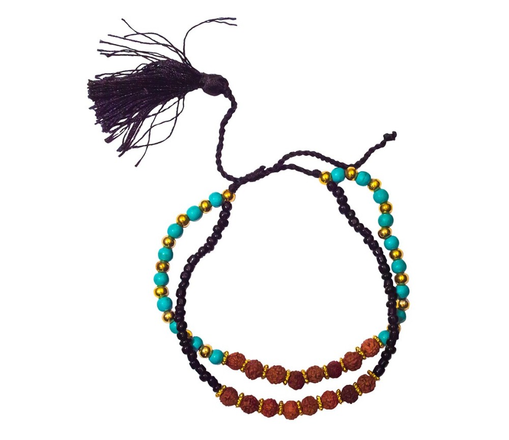 Armband - Rudrakasha/Türkis und Messingperlen- 2 Strang Ø 6cm verstellbar