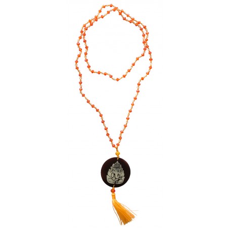 Mala "Ganesha" Glasperlen Orange mit gelaserter Muschelscheibe 45cm