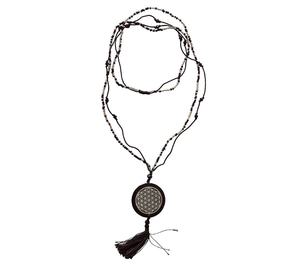 Mala - Flower of Life- Glasperlen schwarz mit gelaserter Muschelscheibe 46cm