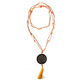 Mala "Flower of Life" Glasperlen orange mit gelaserter Muschelscheibe 46cm