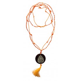 Mala "Ganesha" Glasperlen orange mit gelaserter Muschelscheibe 46cm