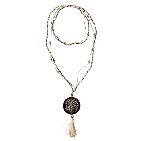 Mala "Flower of Life" Glasperlen goldfarben mit gelaserter Muschelscheibe 46cm