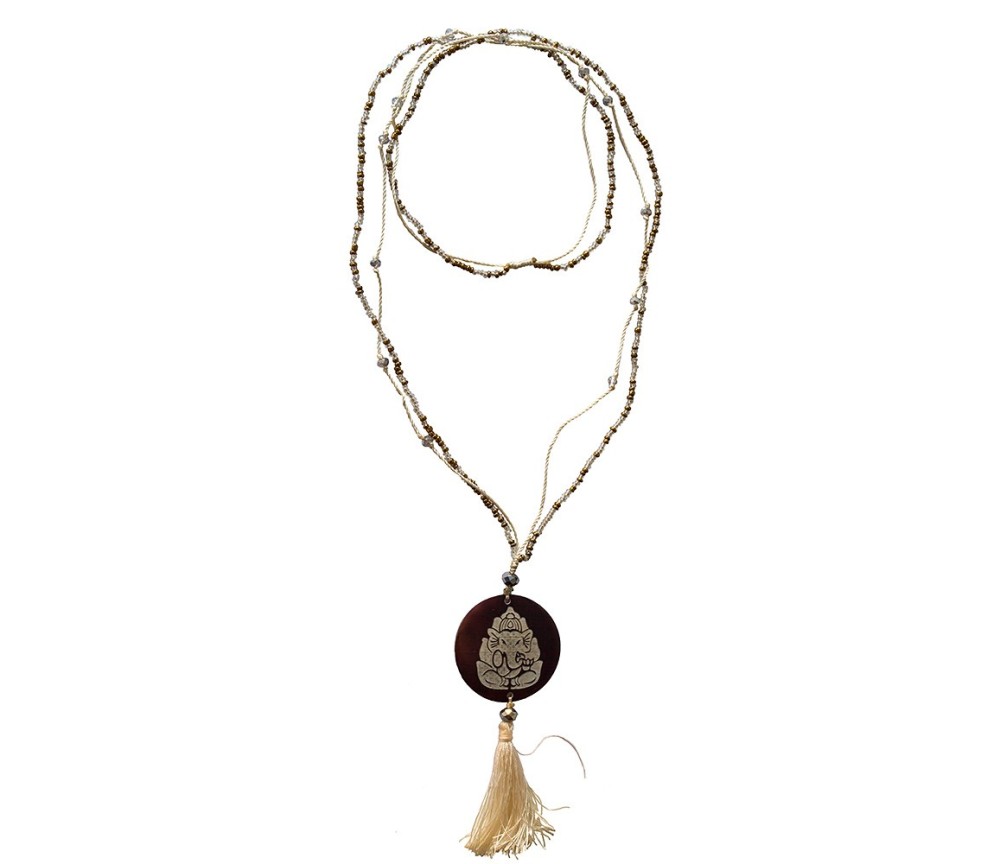 Mala - Ganesha- Glasperlen goldfarben mit gelaserter Muschelscheibe 46cm