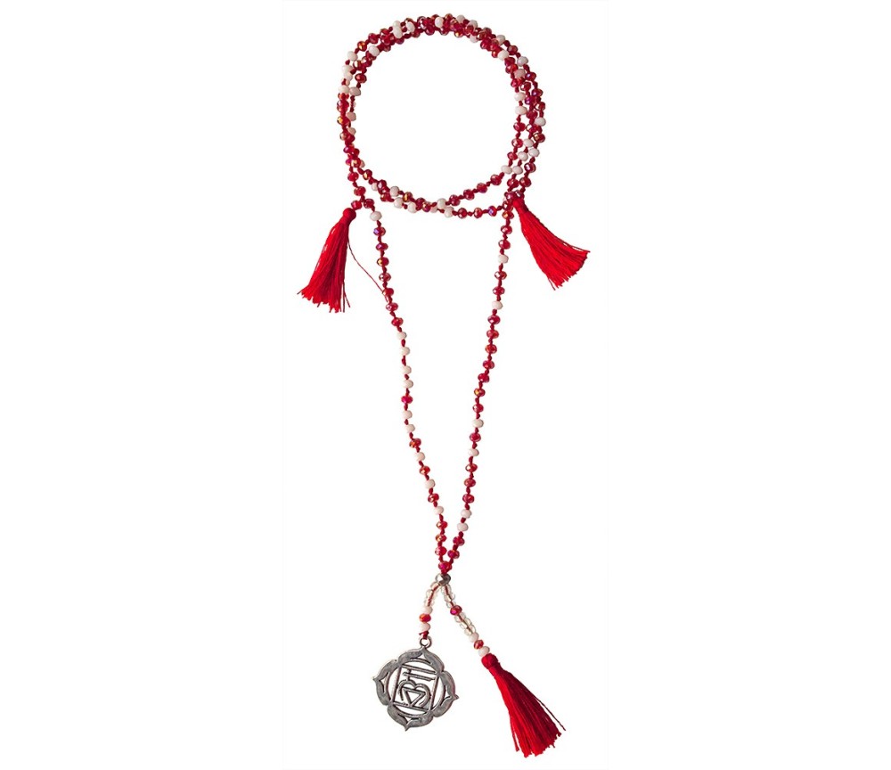 Chakra - Mala -Muladhara Chakra- Glasperlen, Metall (Nickelfrei) rot/ weiß 48cm