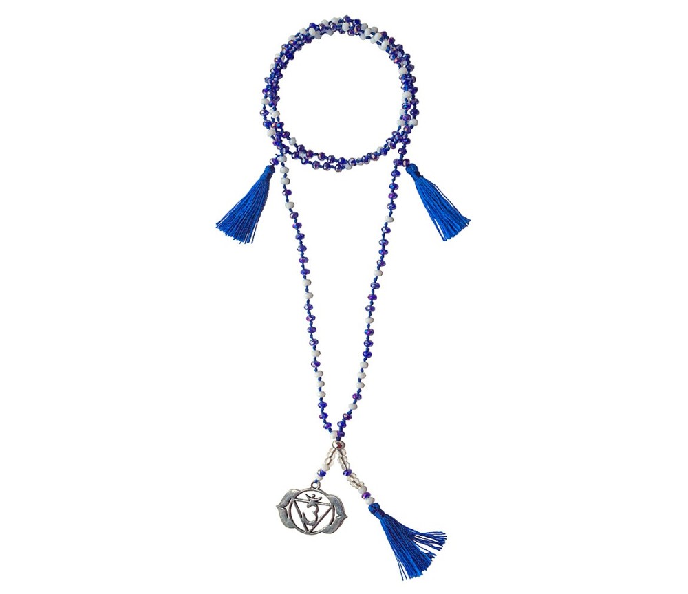 Chakra - Mala -Ajna Chakra- Glasperlen, Metall (Nickelfrei) blau/ weiß 48cm