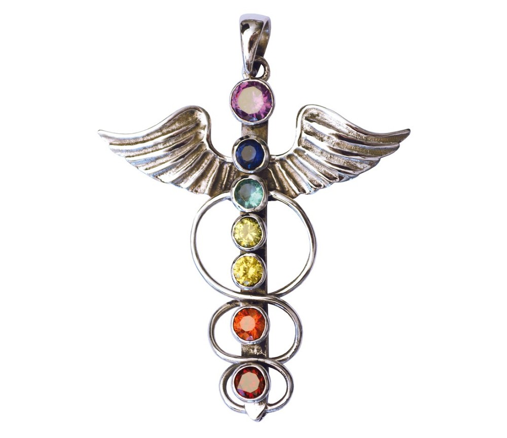 Anhänger -  Angel-Kundalini- mit Chakrasteinen Messing versilbert